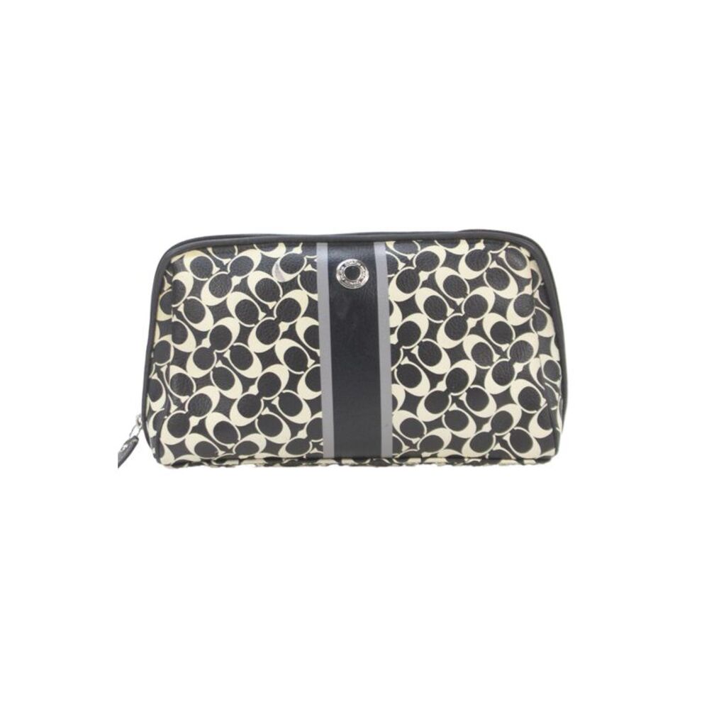 Coach Womens Zip Top Monogram Leather Cosmetic Makeup Pouch Black White